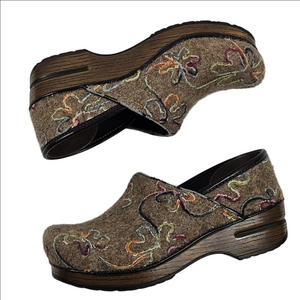 Dansko Felt Pro Tan Multi Embroidered Floral Slip On Comfort Clog